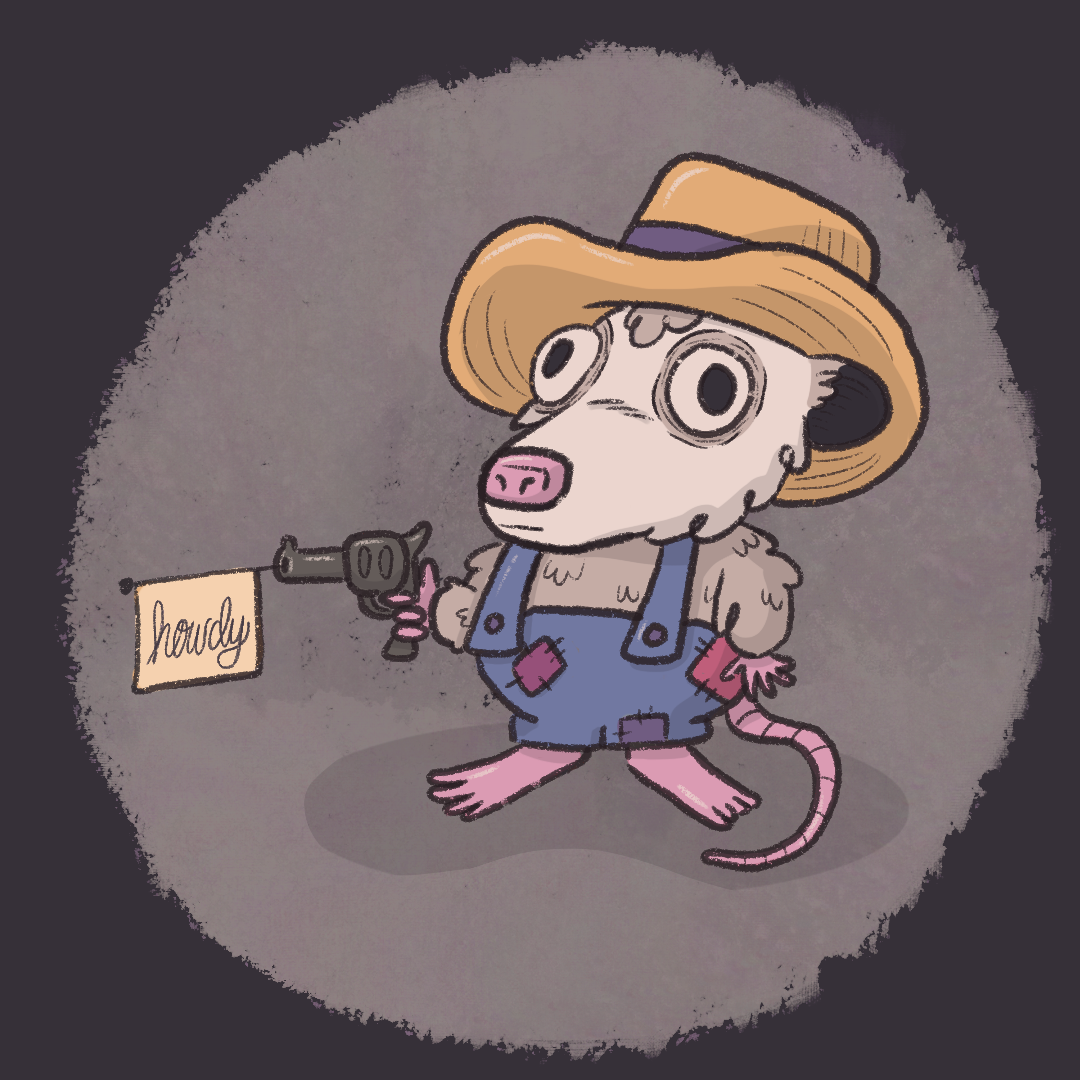 cowboy opossom with howdy coming out of gun